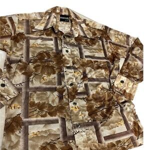 1970s Brown Disco Button Down Novelty Leaf Shirt long Sleeve / Mens Large